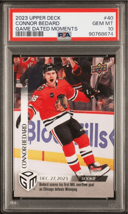 Graded 2023 Upper Deck Connor Bedard #40 Game Dated Moments Rookie RC Hockey Card PSA 10 Gem Mint