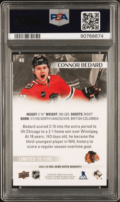 Graded 2023 Upper Deck Connor Bedard #40 Game Dated Moments Rookie RC Hockey Card PSA 10 Gem Mint