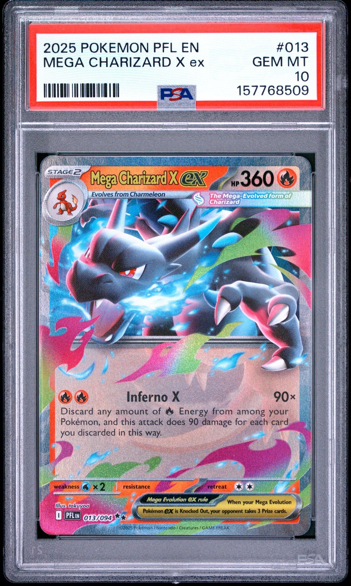 Graded 2025 PKM PFL EN Mega Charizard X ex #013 Trading Card Game PSA 10 Gem Mint