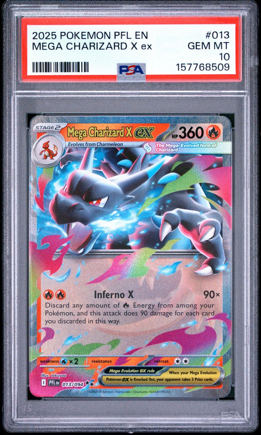 Graded 2025 PKM PFL EN Mega Charizard X ex #013 Trading Card Game PSA 10 Gem Mint
