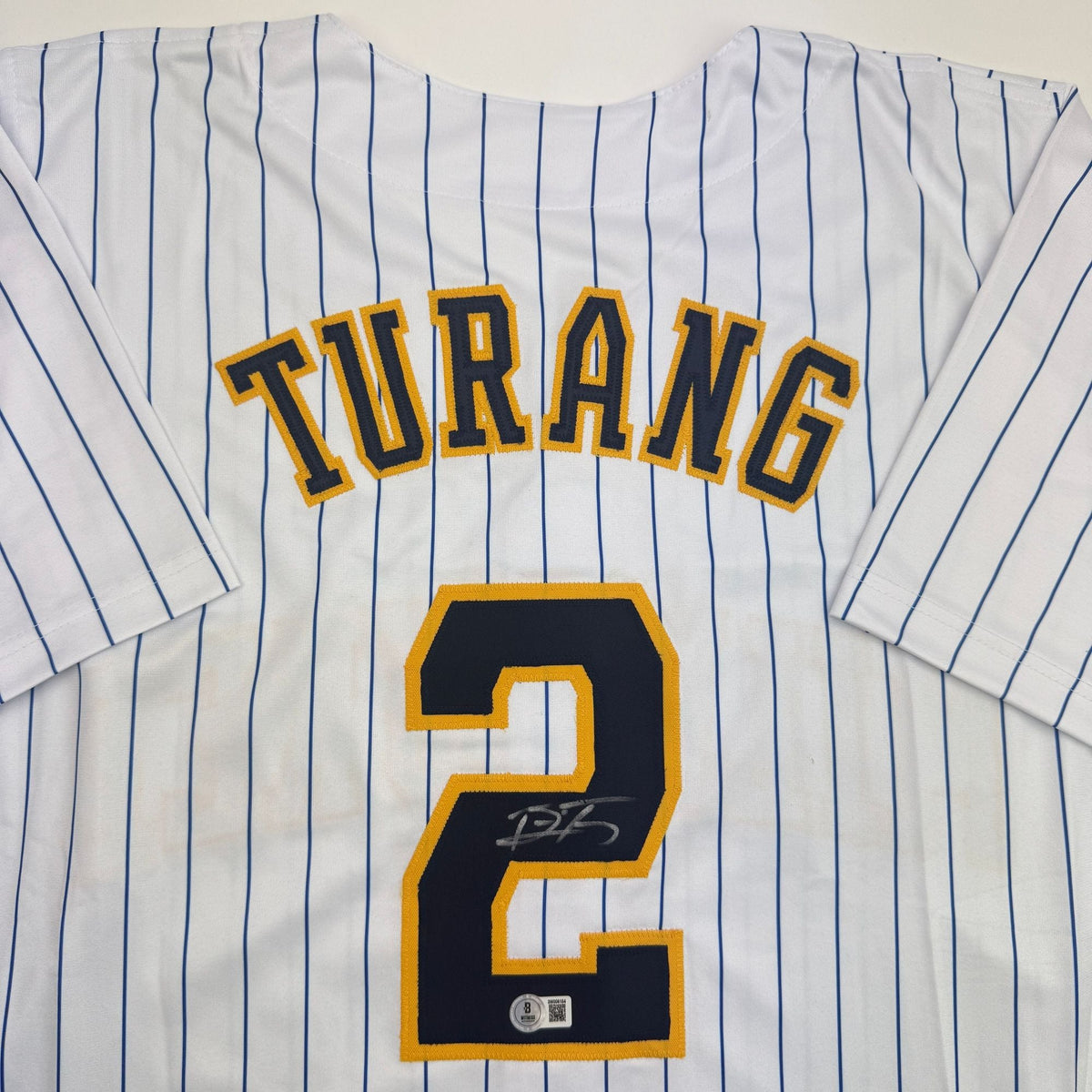 Autographed/Signed Brice Turang Milwaukee Pinstripe Baseball Jersey Beckett BAS COA