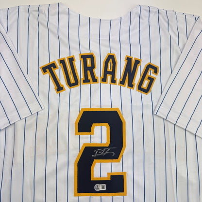 Autographed/Signed Brice Turang Milwaukee Pinstripe Baseball Jersey Beckett BAS COA