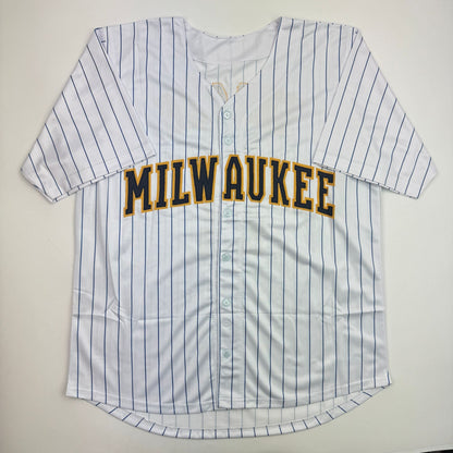 Autographed/Signed Brice Turang Milwaukee Pinstripe Baseball Jersey Beckett BAS COA