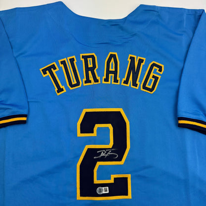 Autographed/Signed Brice Turang Milwaukee Blue Baseball Jersey Beckett BAS COA