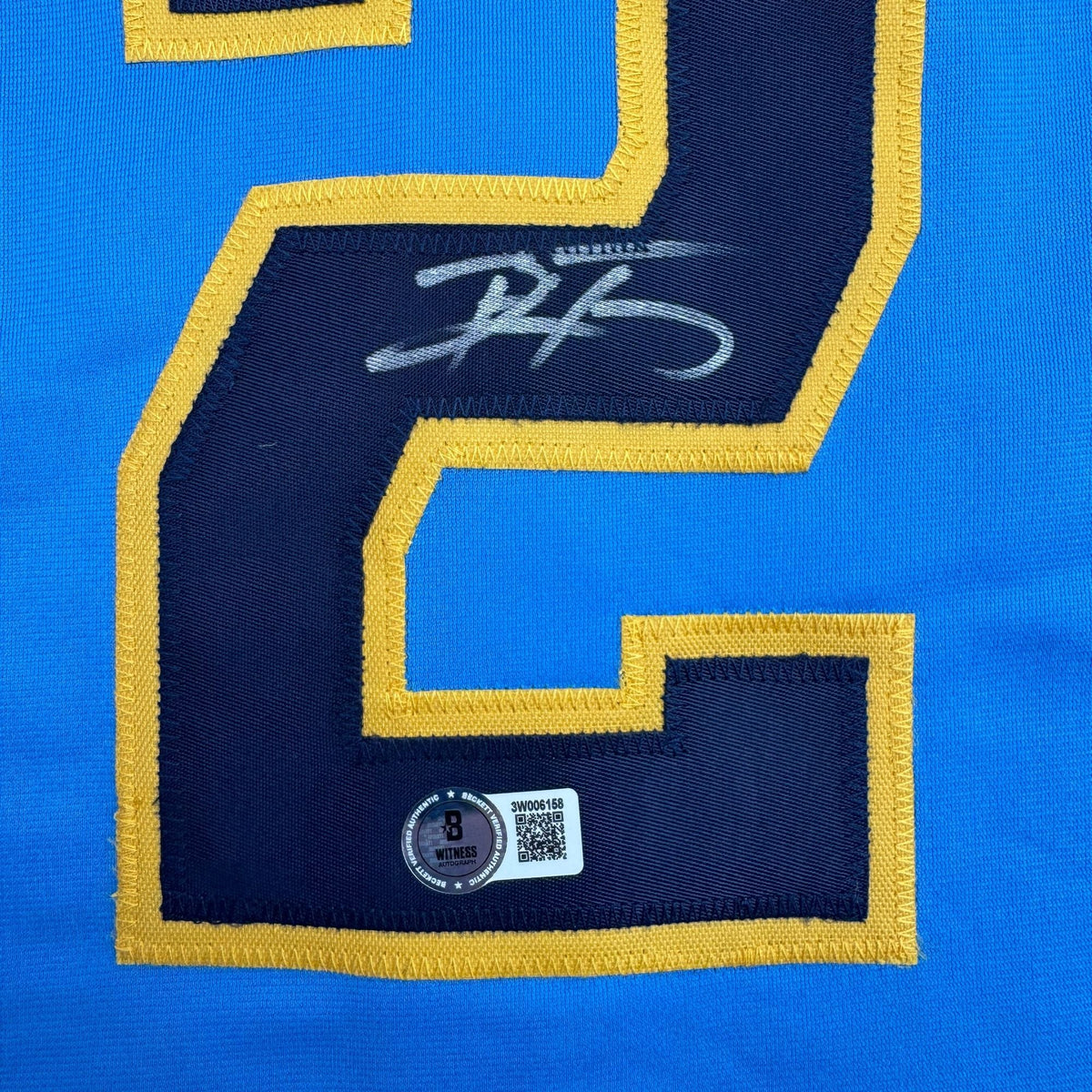 Autographed/Signed Brice Turang Milwaukee Blue Baseball Jersey Beckett BAS COA