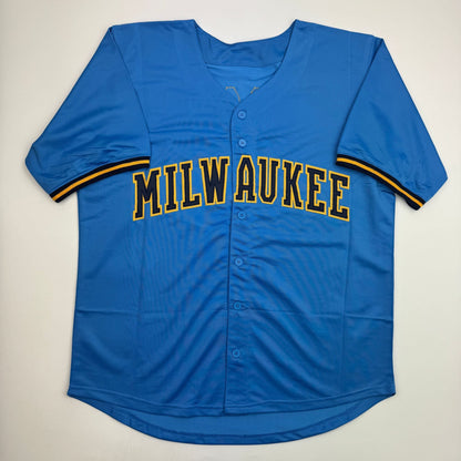 Autographed/Signed Brice Turang Milwaukee Blue Baseball Jersey Beckett BAS COA