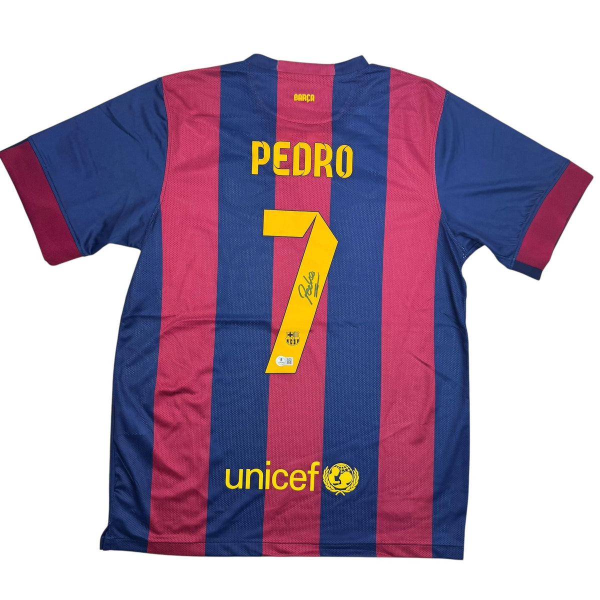 Autographed/Signed Pedro Rodriguez FC Barcelona Red/Blue Soccer Jersey Beckett BAS COA #2