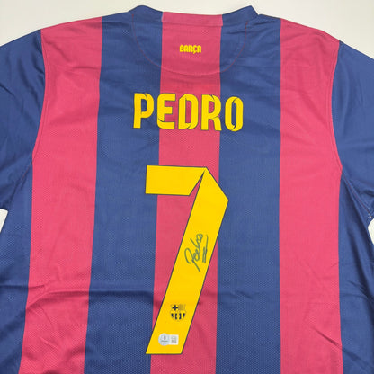 Autographed/Signed Pedro Rodriguez FC Barcelona Red/Blue Soccer Jersey Beckett BAS COA #2