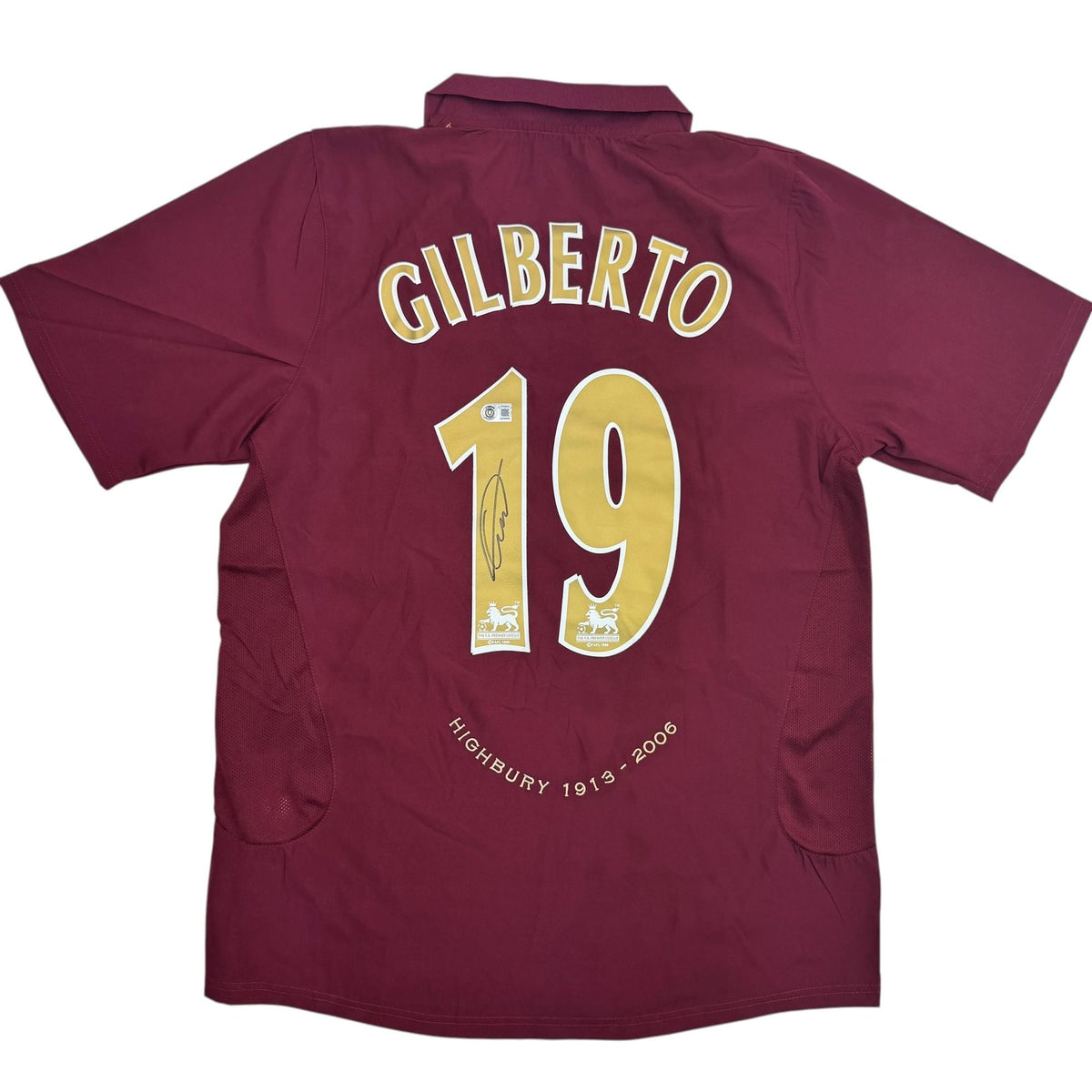 Autographed/Signed Gilberto Silva Arsenal Maroon Soccer Futbol Jersey Beckett BAS COA