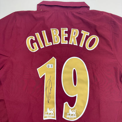 Autographed/Signed Gilberto Silva Arsenal Maroon Soccer Futbol Jersey Beckett BAS COA
