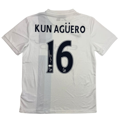 Autographed/Signed Sergio Kun Aguero Manchester City White Soccer Futbol Jersey Beckett BAS COA