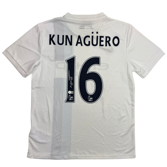 Autographed/Signed Sergio Kun Aguero Manchester City White Soccer Futbol Jersey Beckett BAS COA