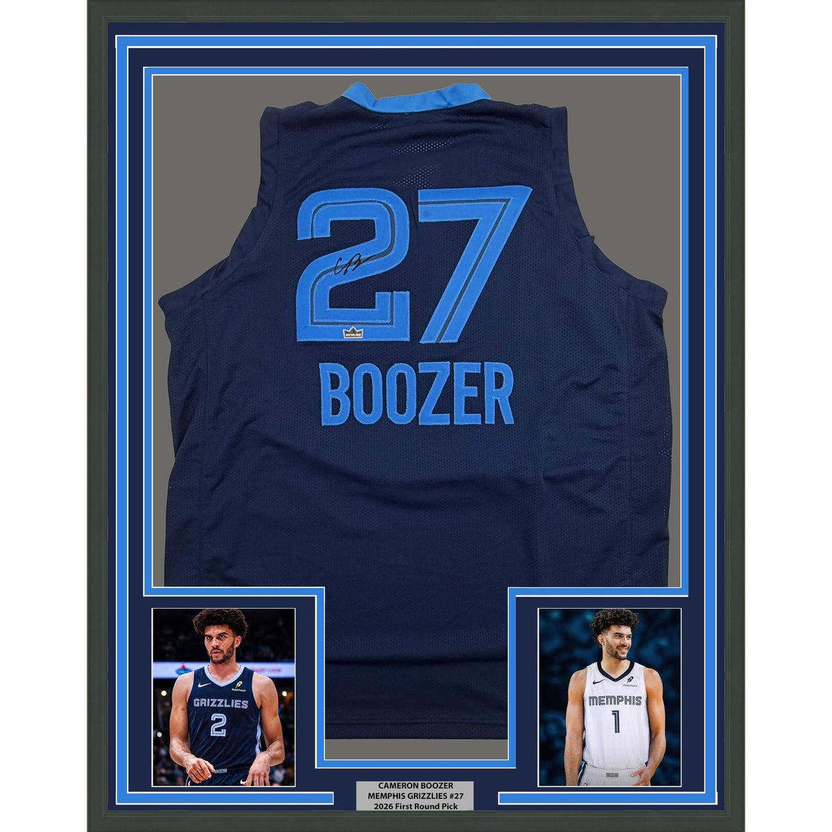 Framed Facsimile Autographed Cameron Boozer 35x39 Memphis Navy Blue Reprint Laser Auto Basketball Jersey