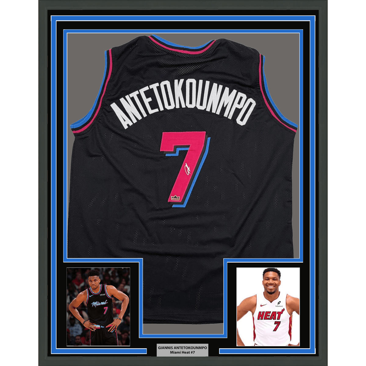 Framed Facsimile Autographed Giannis Antetokounmpo 35x39 Miami Black Vice Reprint Laser Auto Basketball Jersey