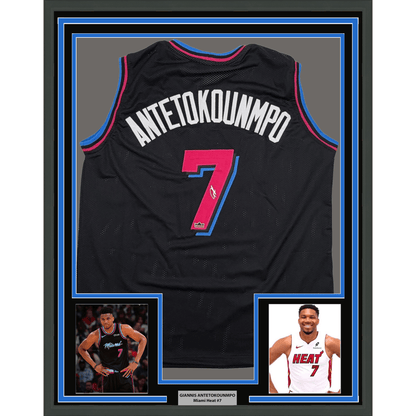 Framed Facsimile Autographed Giannis Antetokounmpo 35x39 Miami Black Vice Reprint Laser Auto Basketball Jersey