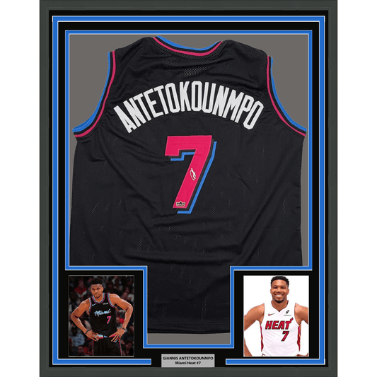 Framed Facsimile Autographed Giannis Antetokounmpo 35x39 Miami Black Vice Reprint Laser Auto Basketball Jersey