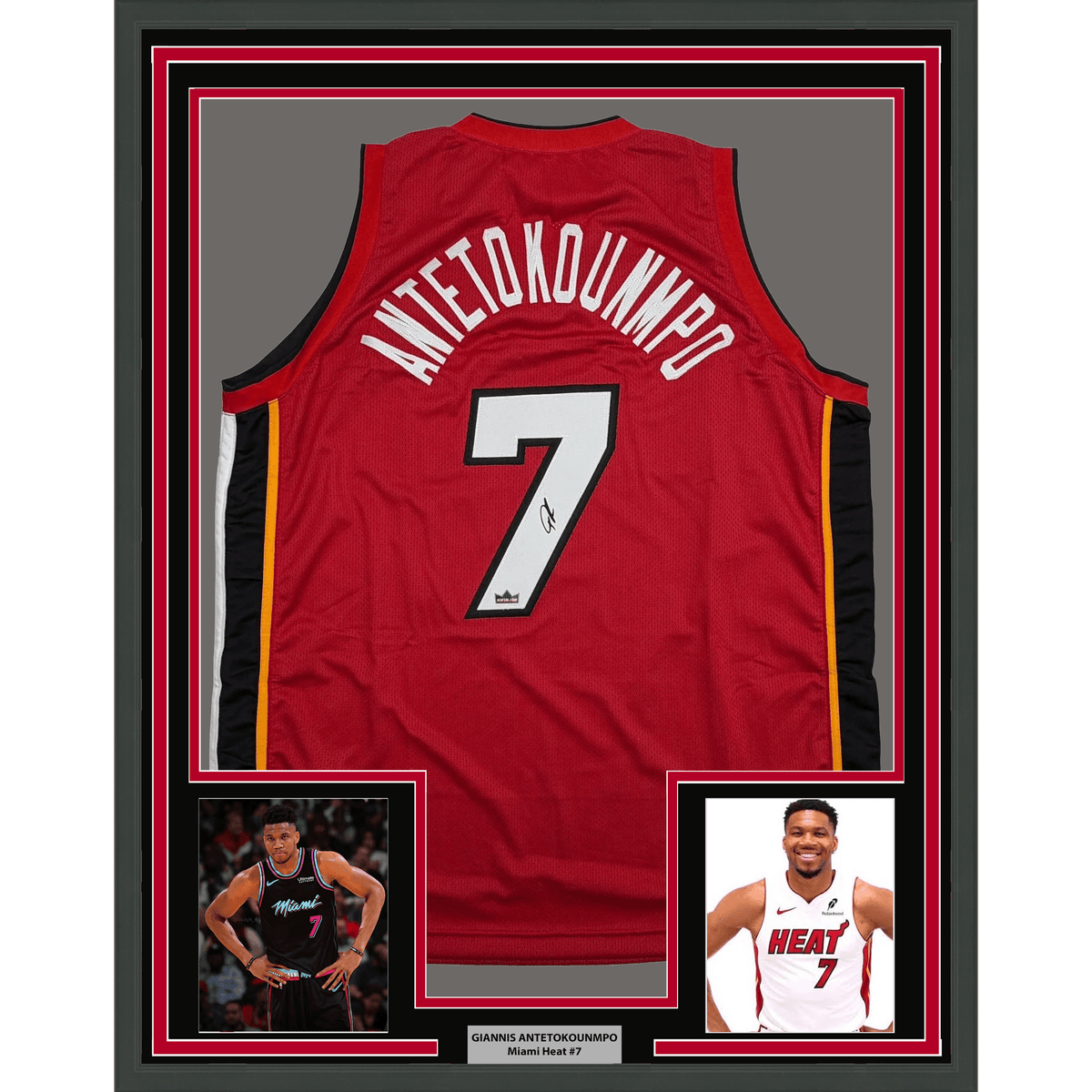 Framed Facsimile Autographed Giannis Antetokounmpo 35x39 Miami Red Reprint Laser Auto Basketball Jersey