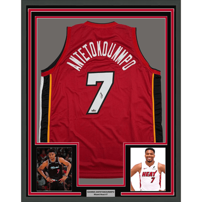 Framed Facsimile Autographed Giannis Antetokounmpo 35x39 Miami Red Reprint Laser Auto Basketball Jersey