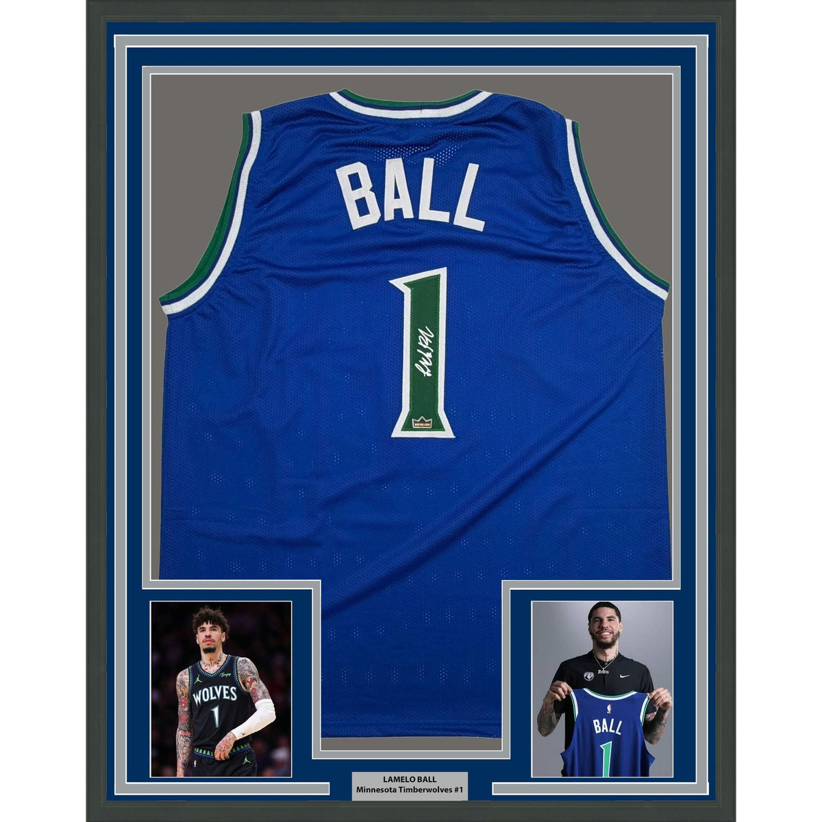 Framed Facsimile Autographed LaMelo Ball 35x39 Minnesota Blue Reprint Laser Auto Basketball Jersey