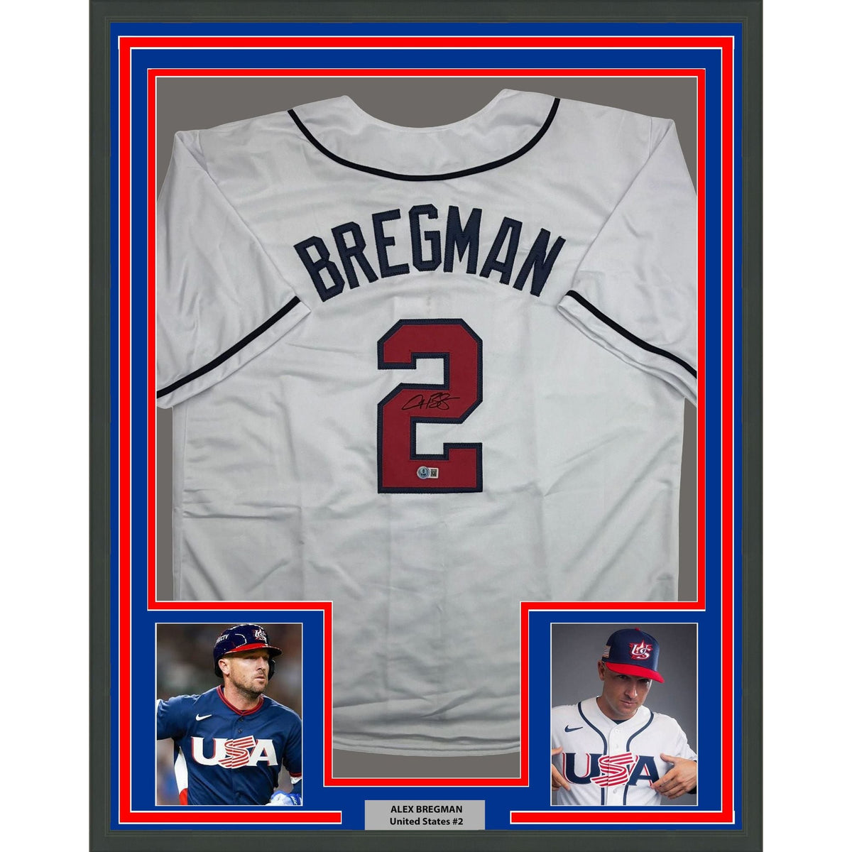 Framed Autographed/Signed Alex Bregman 35x39 United States USA White World Baseball Classic WBC Baseball Jersey Beckett BAS COA