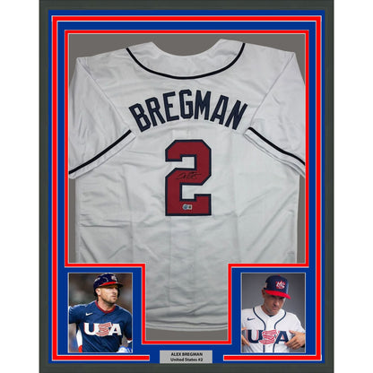 Framed Autographed/Signed Alex Bregman 35x39 United States USA White World Baseball Classic WBC Baseball Jersey Beckett BAS COA