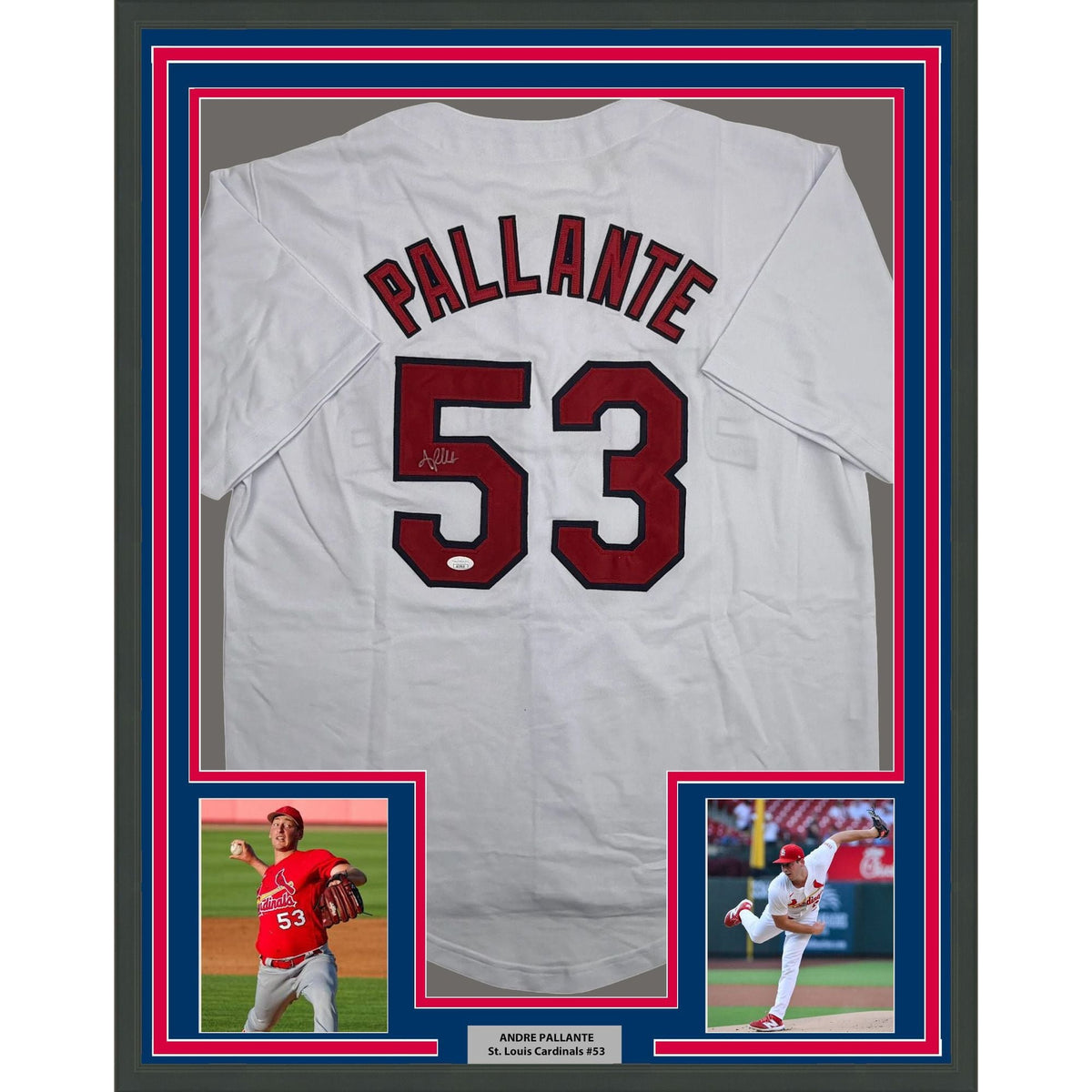 Framed Autographed/Signed Andre Pallante 35x39 St. Louis White Baseball Jersey JSA COA