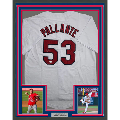Framed Autographed/Signed Andre Pallante 35x39 St. Louis White Baseball Jersey JSA COA