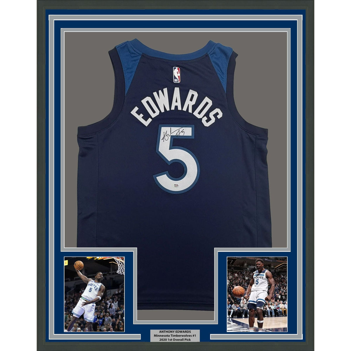 Framed Autographed/Signed Anthony Edwards 35x39 Minnesota Timberwolves Blue #5 Authentic Basketball Jersey PSA/DNA COA