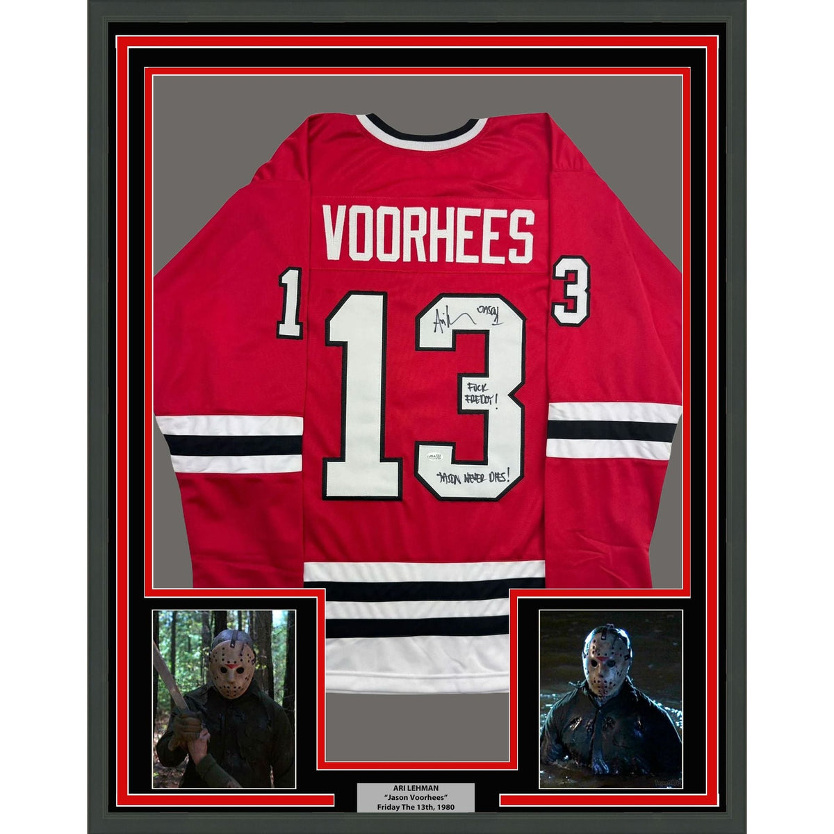 Framed Autographed/Signed Ari Lehman 35x39 Jason Voorhees Friday The 13th Movie Red Jersey JSA COA