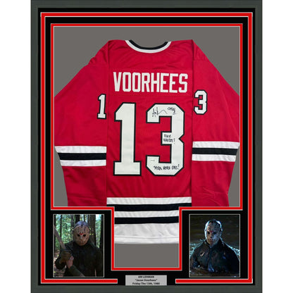 Framed Autographed/Signed Ari Lehman 35x39 Jason Voorhees Friday The 13th Movie Red Jersey JSA COA