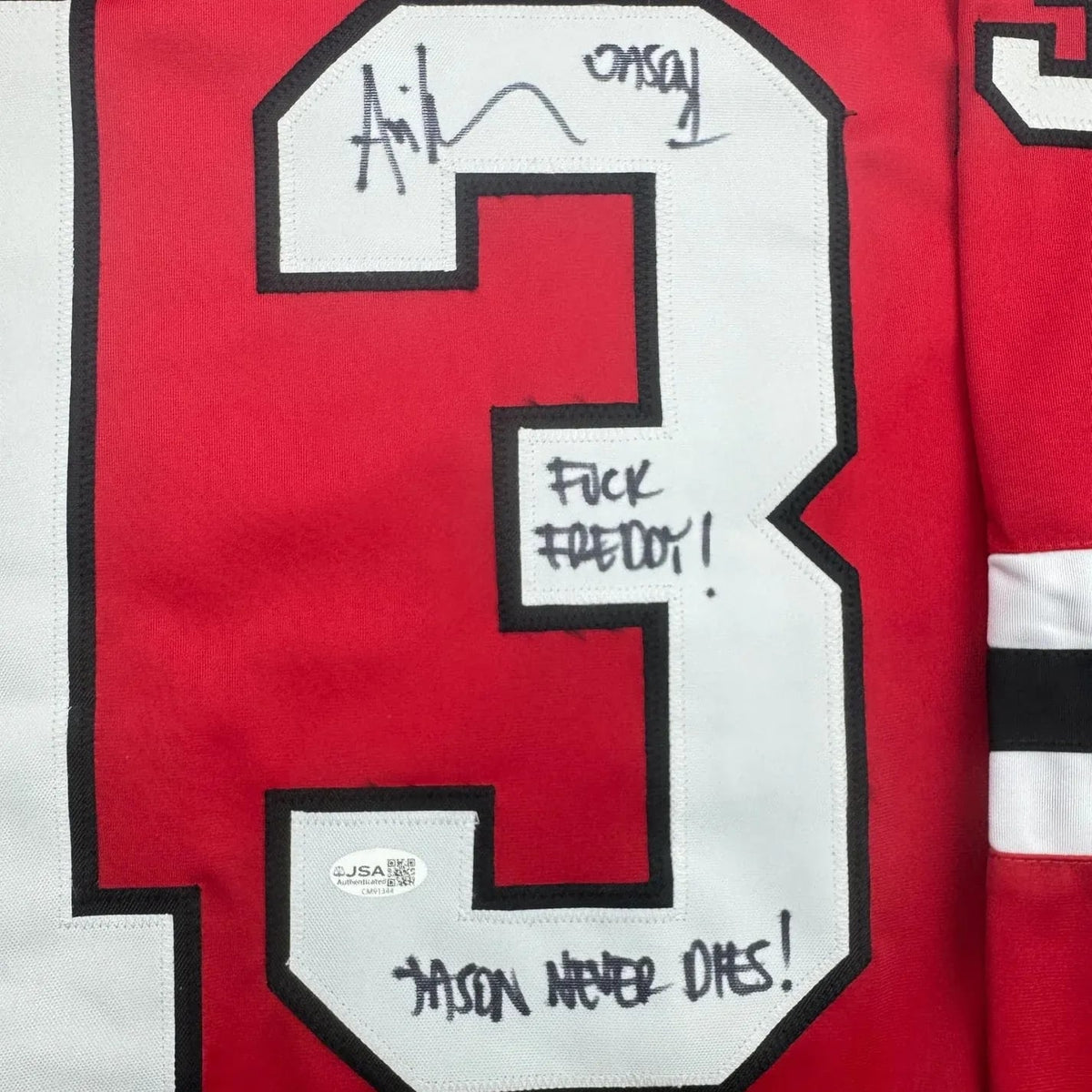 Framed Autographed/Signed Ari Lehman 35x39 Jason Voorhees Friday The 13th Movie Red Jersey JSA COA