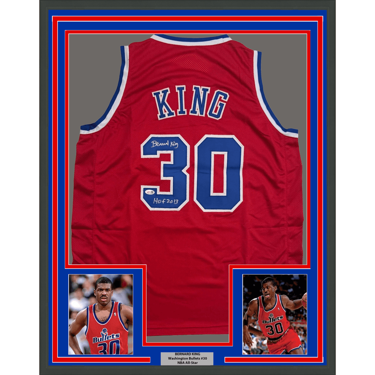 Framed Autographed/Signed Bernard King 35x39 Washington Red Basketball Jersey JSA COA