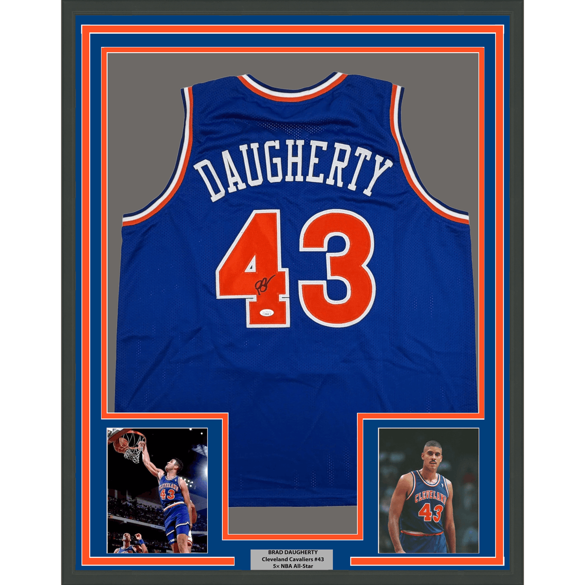 Framed Autographed/Signed Brad Daugherty 35x39 Cleveland Blue Basketball Jersey JSA COA
