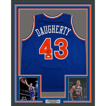 Framed Autographed/Signed Brad Daugherty 35x39 Cleveland Blue Basketball Jersey JSA COA