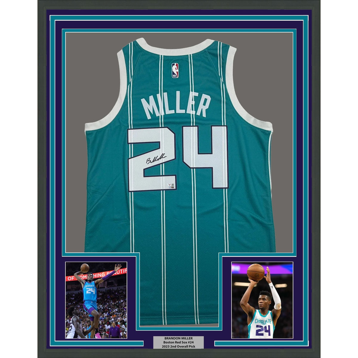 Framed Autographed/Signed Brandon Miller 35x39 Charlotte Hornets Teal Authentic Basketball Jersey Fanatics COA