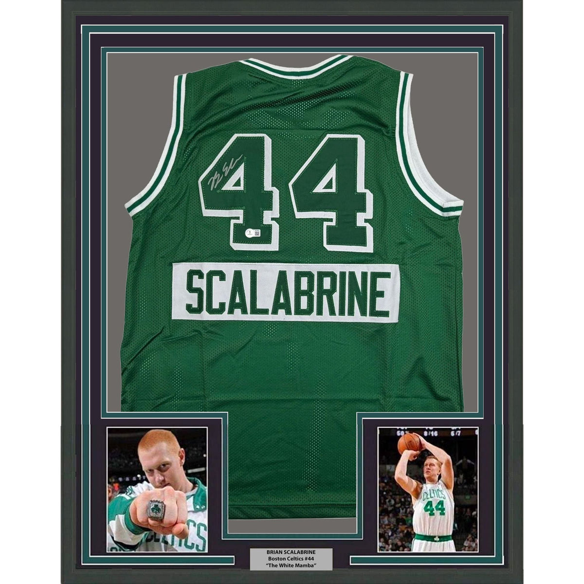 Framed Autographed/Signed Brian Scalabrine 35x39 Boston Green City Edition Basketball Jersey Beckett BAS COA