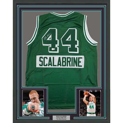 Framed Autographed/Signed Brian Scalabrine 35x39 Boston Green City Edition Basketball Jersey Beckett BAS COA