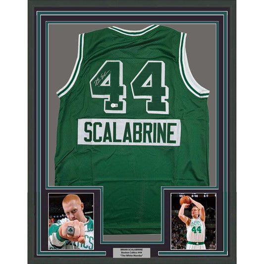 Framed Autographed/Signed Brian Scalabrine 35x39 Boston Green City Edition Basketball Jersey Beckett BAS COA