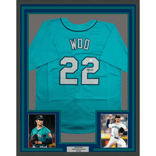 Framed Autographed/Signed Bryan Woo 35x39 Seattle Teal Baseball Jersey JSA COA