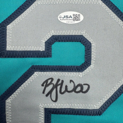 Framed Autographed/Signed Bryan Woo 35x39 Seattle Teal Baseball Jersey JSA COA