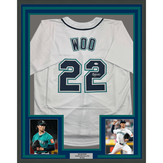 Framed Autographed/Signed Bryan Woo 35x39 Seattle White Baseball Jersey JSA COA