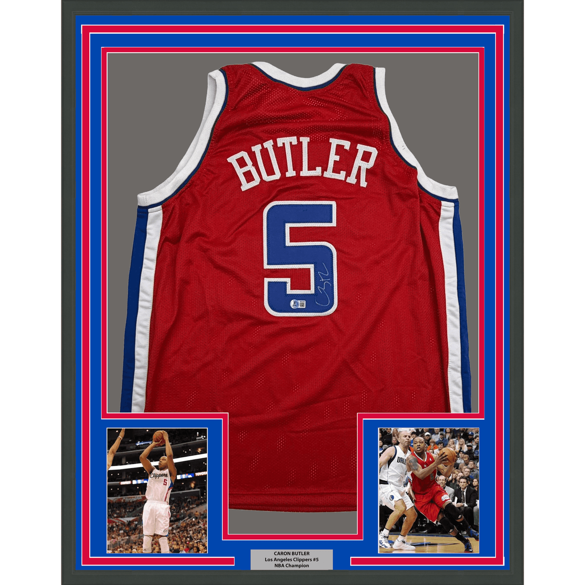 Framed Autographed/Signed Caron Butler 35x39 Los Angeles Red Basketball Jersey Beckett BAS COA