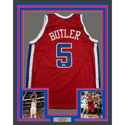 Framed Autographed/Signed Caron Butler 35x39 Los Angeles Red Basketball Jersey Beckett BAS COA