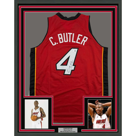 Framed Autographed/Signed Caron Butler 35x39 Miami Red Basketball Jersey Beckett BAS COA