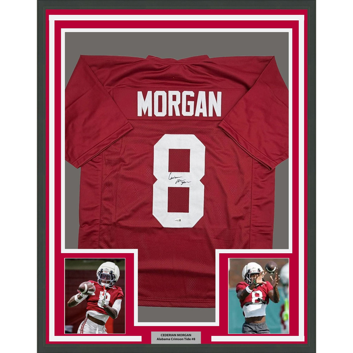Framed Autographed/Signed Cederian Morgan 35x39 Alabama Red College Football Jersey JSA COA