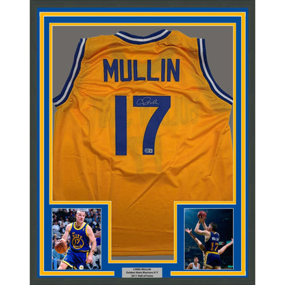 Framed Autographed/Signed Chris Mullin 35x39 Golden State Yellow Basketball Jersey Beckett BAS COA