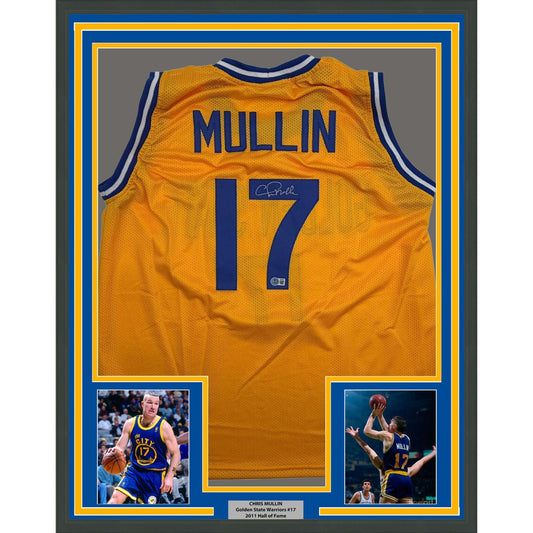 Framed Autographed/Signed Chris Mullin 35x39 Golden State Yellow Basketball Jersey Beckett BAS COA