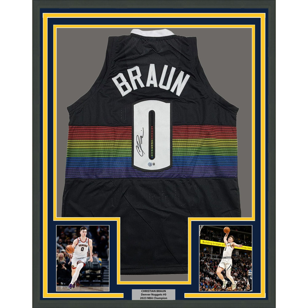 Framed Autographed/Signed Christian Braun 35x39 Denver Black Rainbow Basketball Jersey Beckett BAS COA
