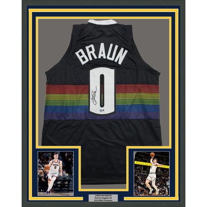 Framed Autographed/Signed Christian Braun 35x39 Denver Black Rainbow Basketball Jersey Beckett BAS COA