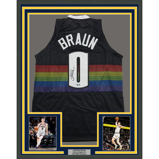 Framed Autographed/Signed Christian Braun 35x39 Denver Black Rainbow Basketball Jersey Beckett BAS COA